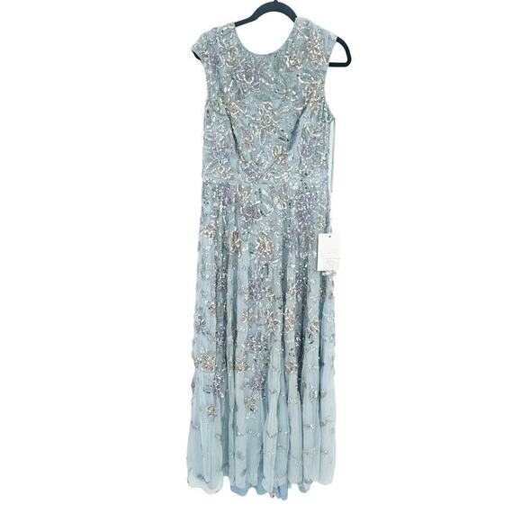 Mac Duggal Sequined High Neck Cap Sleeve A Line Gown Ice Blue Multi Size 12 NWT - Picture 8 of 13